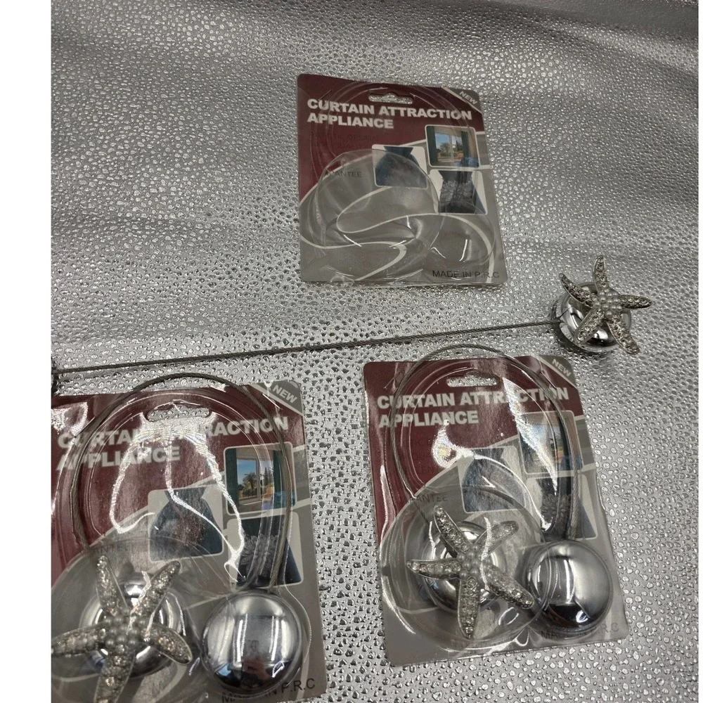 Magnetic Starfish Curtain Tiebacks Set of 3 Silver Rhinestone Pearl Beach O1